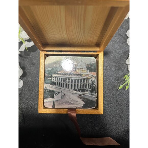 Vintage Wooden Coaster Set With Box Featuring Historical Building Prints - Picture 3 of 7